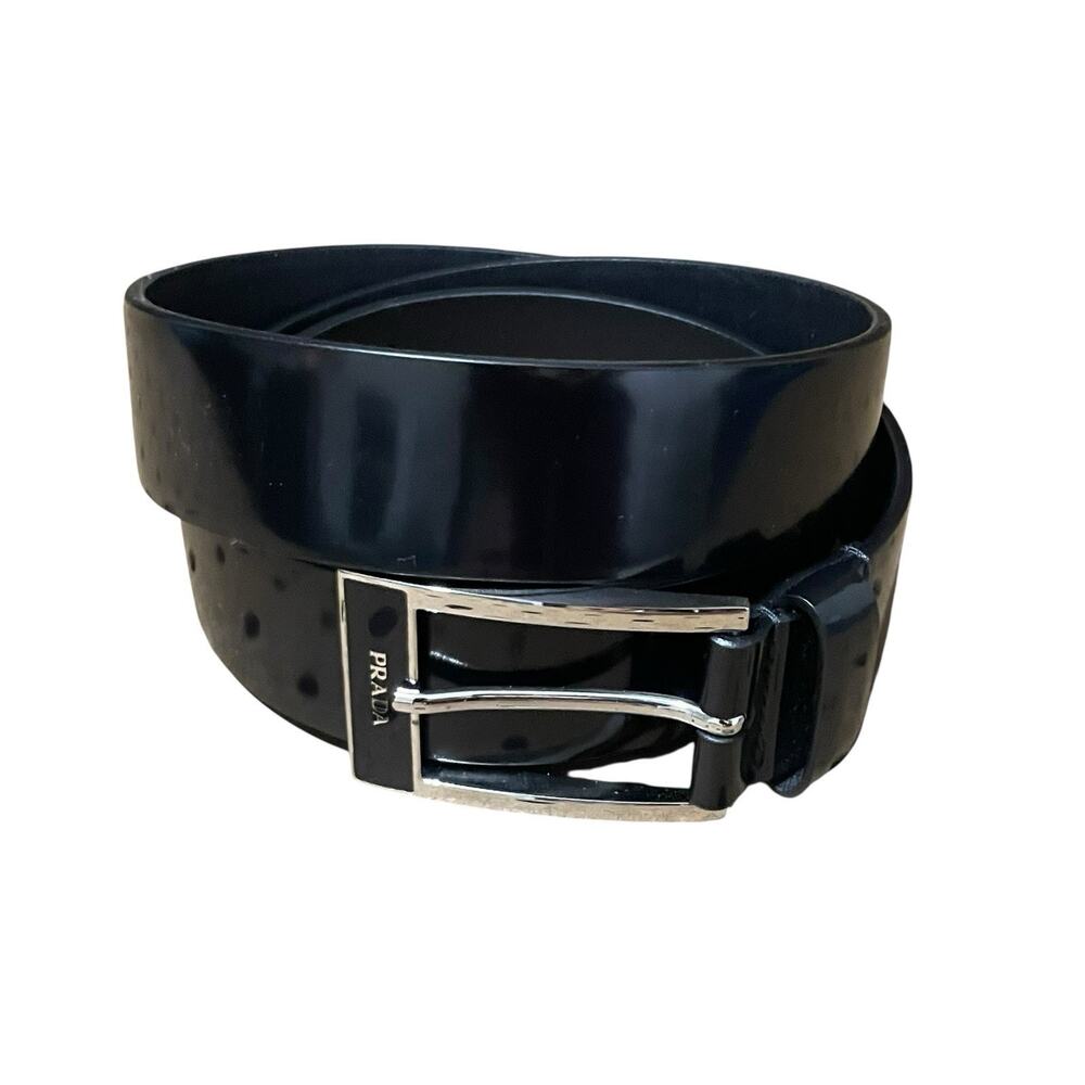Prada Belt Mens Size 44 Black Leather Silvertone Buckle Logo Italy Made MINT